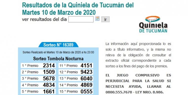 Resultados de la Quiniela de Tucumán Tómbola Nocturna del Martes 10 de Marzo de 2020 | El Diario 24